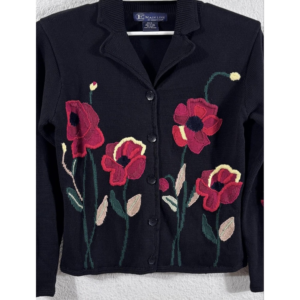 Main Line By Eagle's Eye Cardigan Sweater Womens Small Black Floral Embroidered